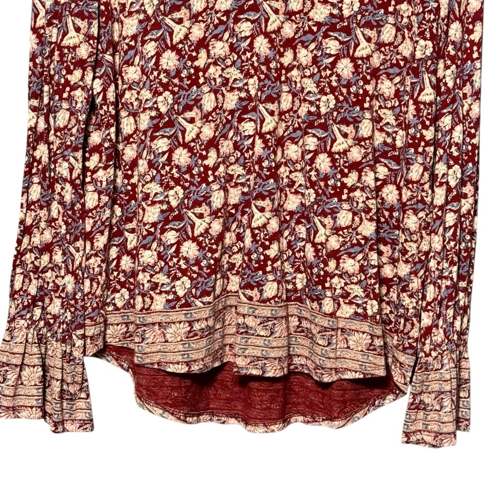 Lucky Brand Floral Burgundy Contrast Border Long Bell Sleeve Lightweight Blouse - Picture 4 of 9